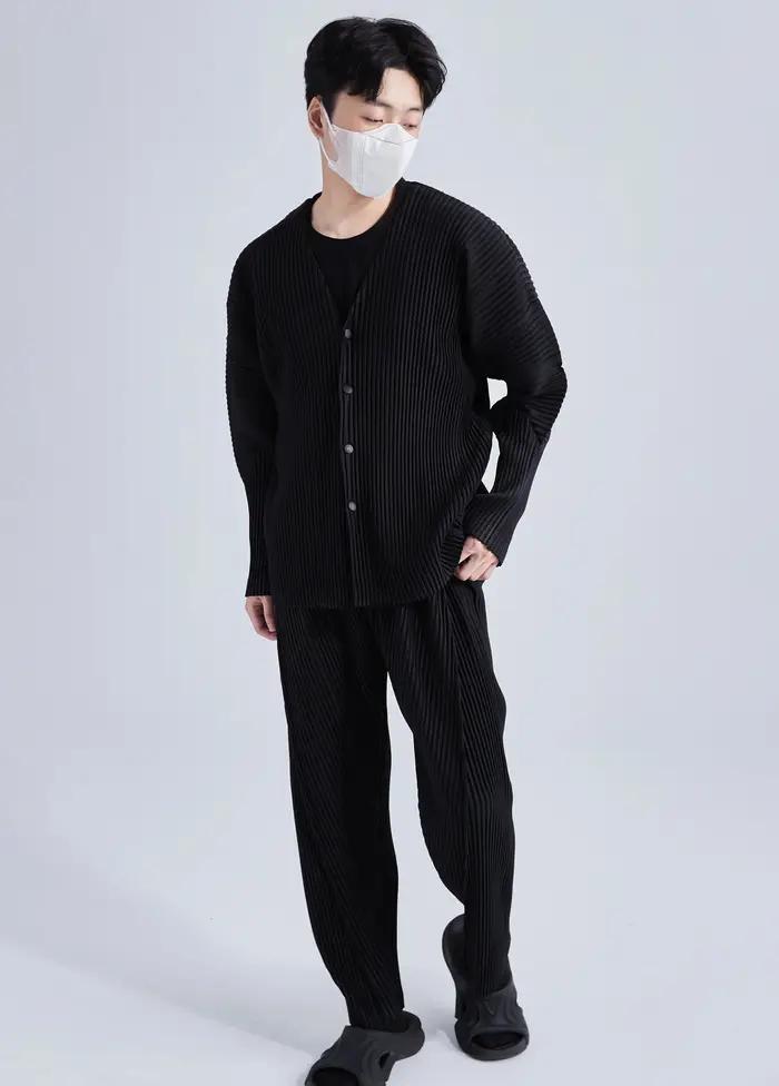 Ata Yake-Veste plissée à col en V pour homme, manteau sans col, simple boutonnage, manches longues,