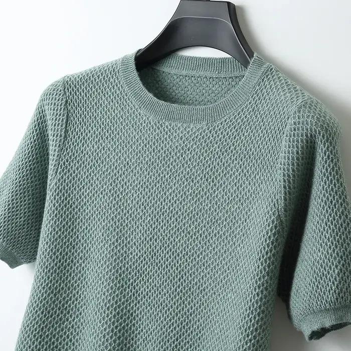 T-Shirt tricoté en laine mérinos pour hommes, col rond, aiguille en nid d'abeille, gilet à manches c