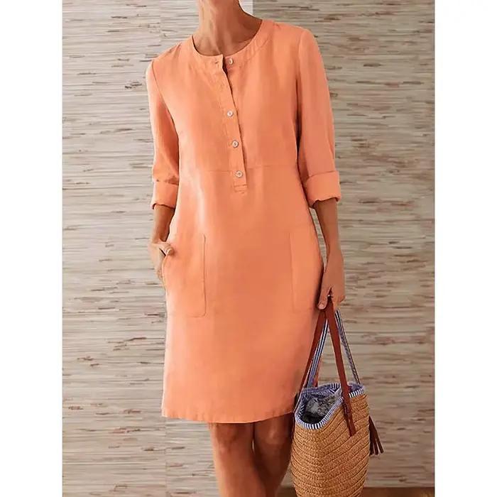 Robe tunique en coton et lin pour femmes, décontractée, solide, manches longues, Vintage, droite, ma