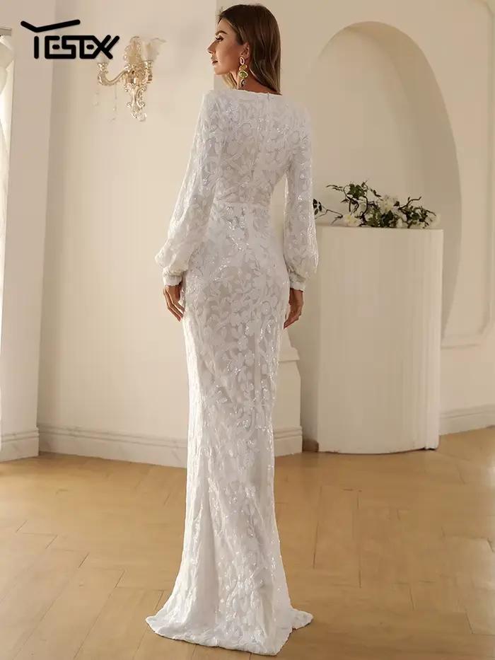 Yesexy 2026 Nouvelle Robe de Soirée Formelle à Col en V et Manches Longues avec Fente pour Mariage,