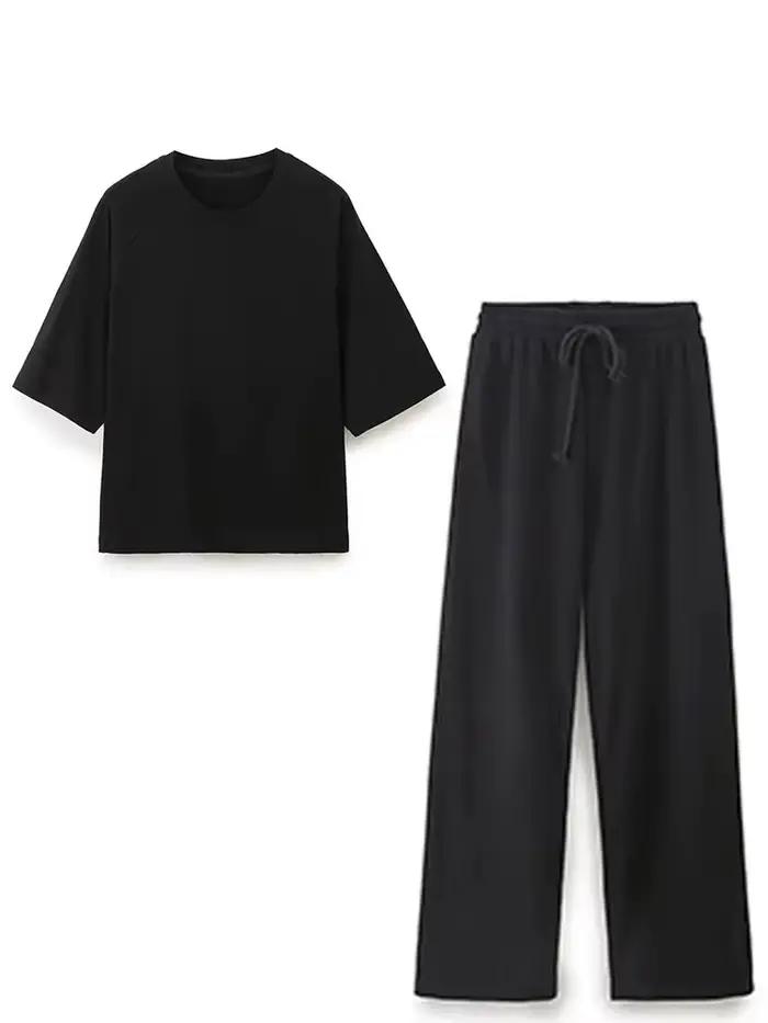HH été femmes décontracté T-Shirt pantalon ensembles élégant rose col rond manches courtes T-Shirt +