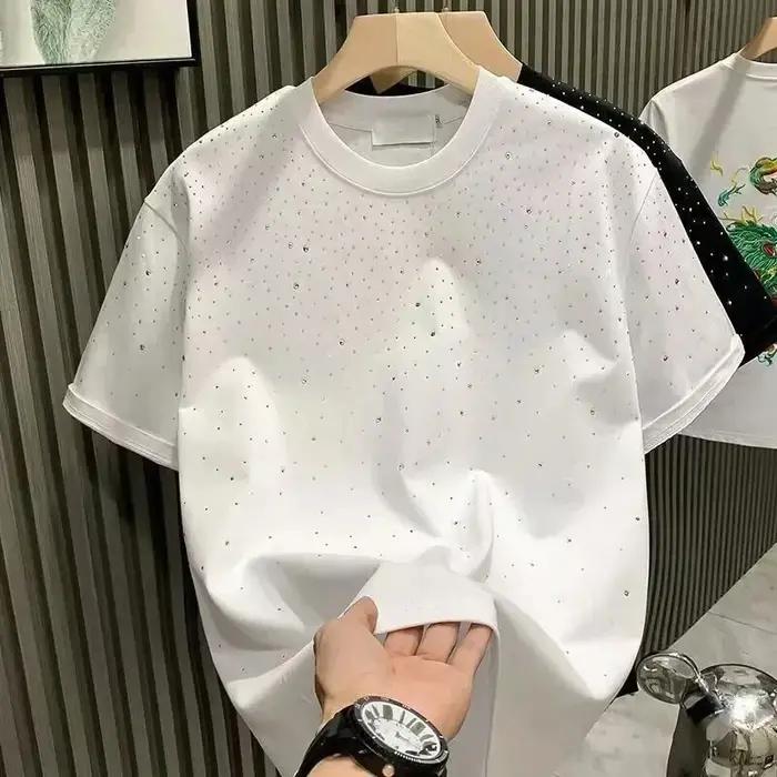 Été hommes vêtements été strass Rivet T-shirt col rond T-shirt style décontracté Version coréenne ho
