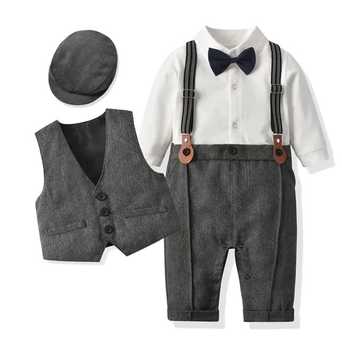 Ensemble formel bébé garçon Gentleman - Costume manches longues avec chapeau et gilet pour anniversaire
