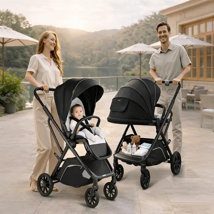 Poussette bébé Hibobi Luxury High Landscape réversible, pliage en un clic, roues en caoutchouc amort
