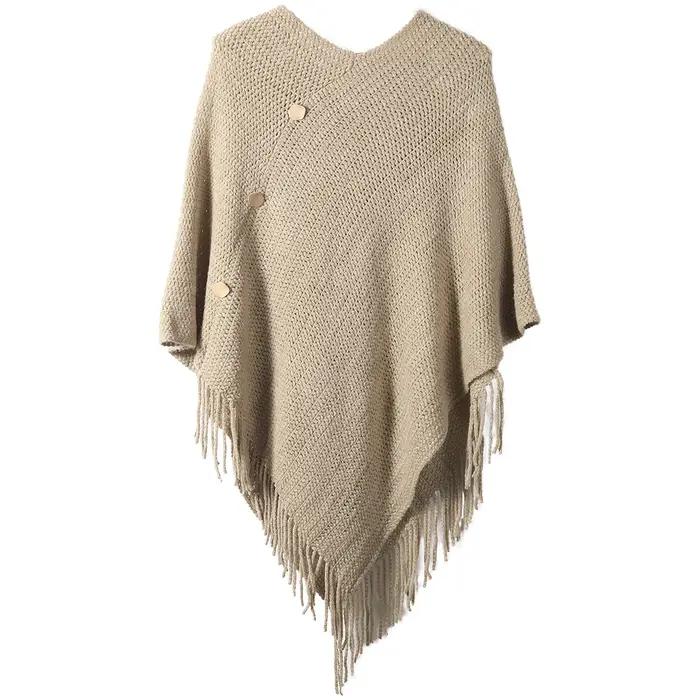 Châle à pampilles pour femmes avec faux boutons, couleur unie, adapté aux vêtements de déplacement à