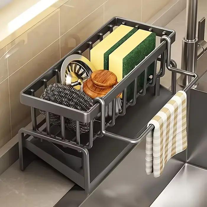 Porte-éponge pour évier de cuisine organisateur d'évier de cuisine à vidange automatique caddie d'évier avec porte-brosse amovible robuste et pratique pour cuisine familiale professionnelle ou camping