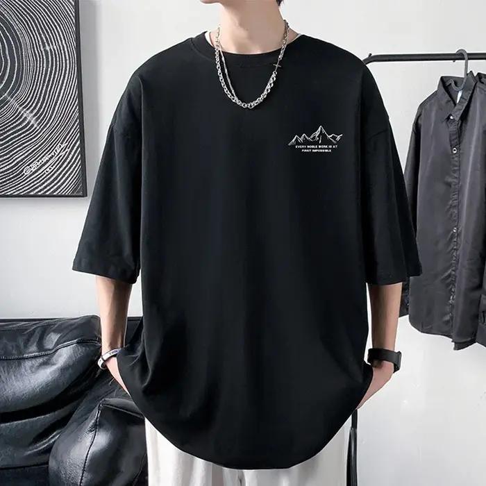 T-shirt en coton imprimé à manches mi-longues pour hommes, t-shirts décontractés à col rond, devant
