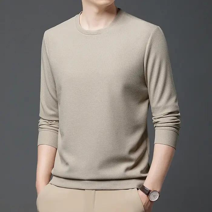 Printemps automne gaufre t-shirts pour hommes à manches longues t-shirts hauts mode solide t-shirts