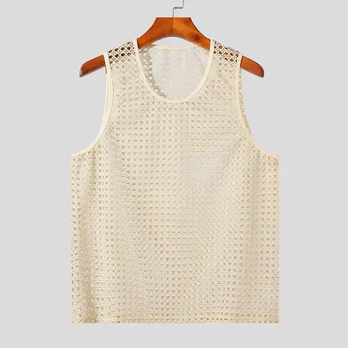 Nouveau Style américain mode hommes hauts vacances populaires évider maille gilets Sexy décontracté