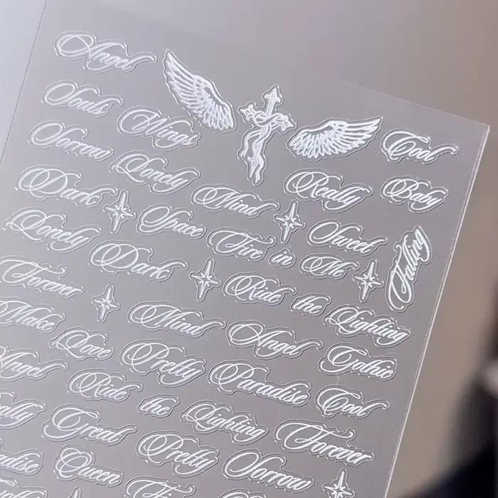 Autocollants pour ongles avec lettres noires et blanches, motifs d'ailes d'ange, designs mixtes, aut