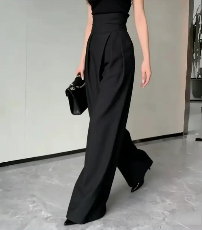 Nouveau pantalon noir pour femme, printemps-été, décontracté, taille haute, coupe large, style taill