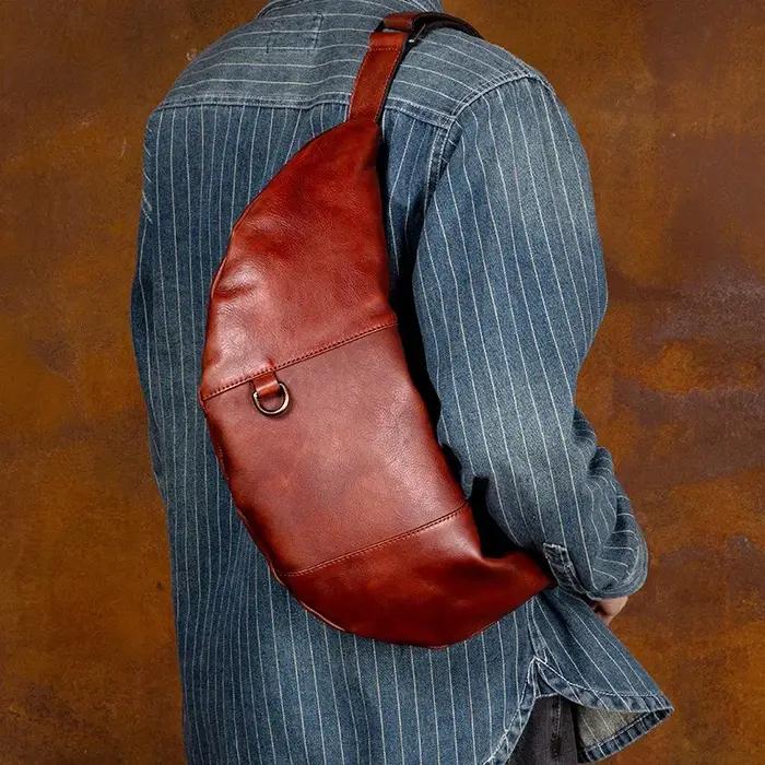 Sac de poitrine en cuir véritable fait à la main, sac à bandoulière décontracté, sac à bandoulière s