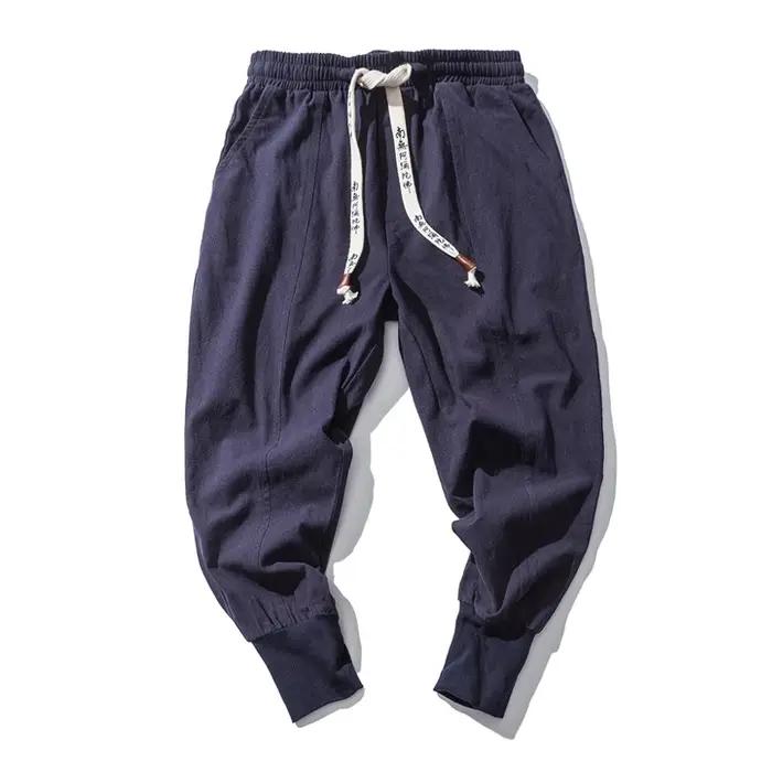 Pantalon sarouel en coton et lin pour hommes, couleur unie, taille élastique, Streetwear, jogging, B