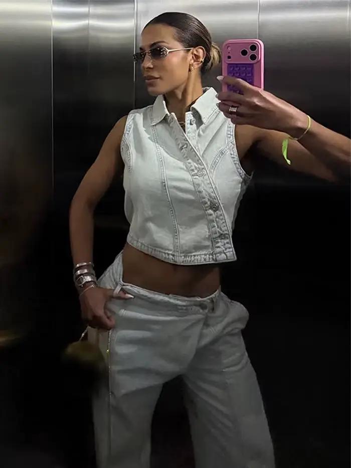 Nouvel ensemble 2026 : Gilet en jean et pantalon pour femme – Veste ajustée sans manches à revers et
