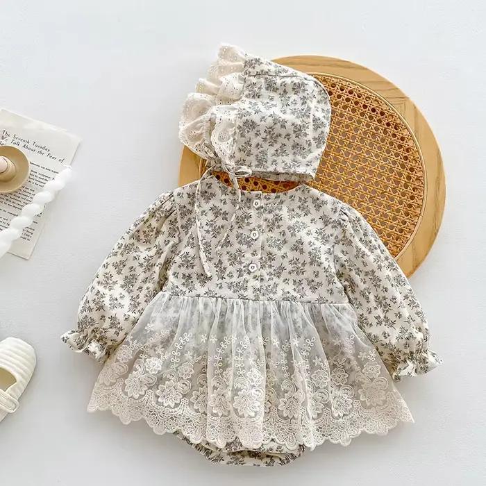 Body chapeau nouveau-né fille coton imprimé dentelle combinaison bébé printemps automne