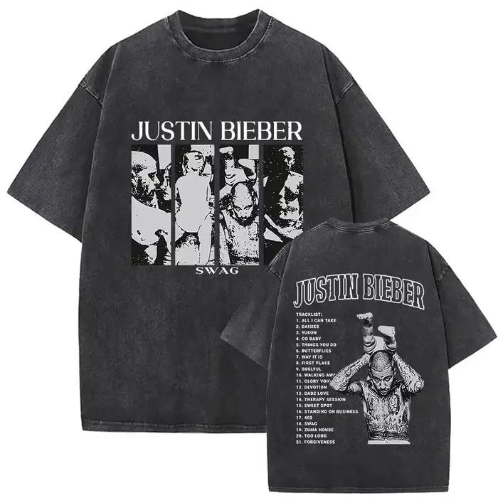T-shirts vintage délavés Justin Bieber SWAG Album 2026 pour hommes, style streetwear hip-hop, manche