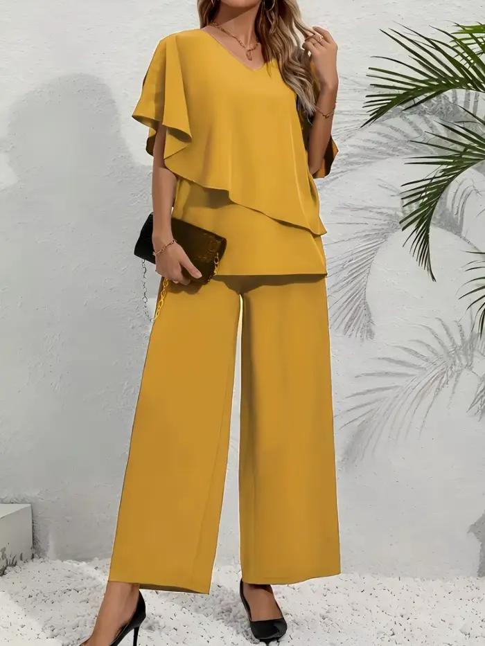 Ensemble 2 pièces pour femmes grandes tailles - Haut à manches bouffantes multicolores à col en V +