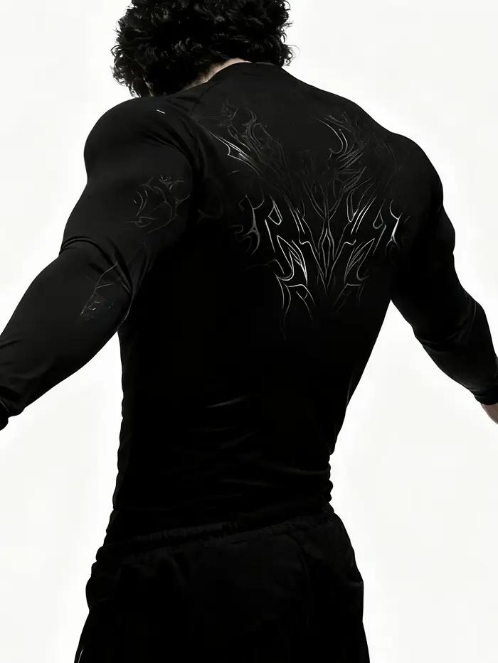 T-shirt de fitness à manches longues pour homme, coupe ajustée, imprimé géométrique, col montant, id