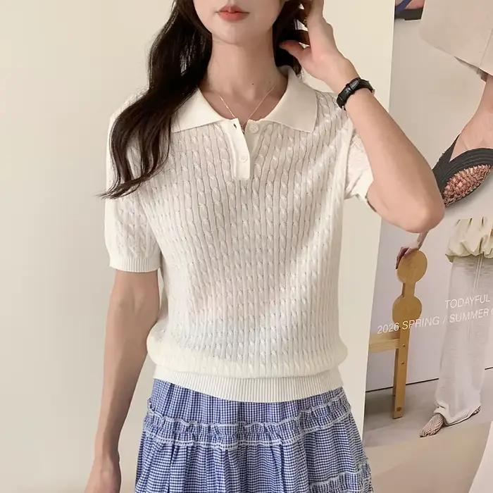 WinvyNee T-shirt en coton pour femme, hauts d'été à manches courtes bleus unis, col polo Y2k, pulls
