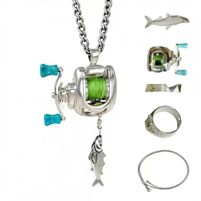Collier de luxe avec moulinet de pêche rotatif et détachable, pendentif exquis en argent pour homme,