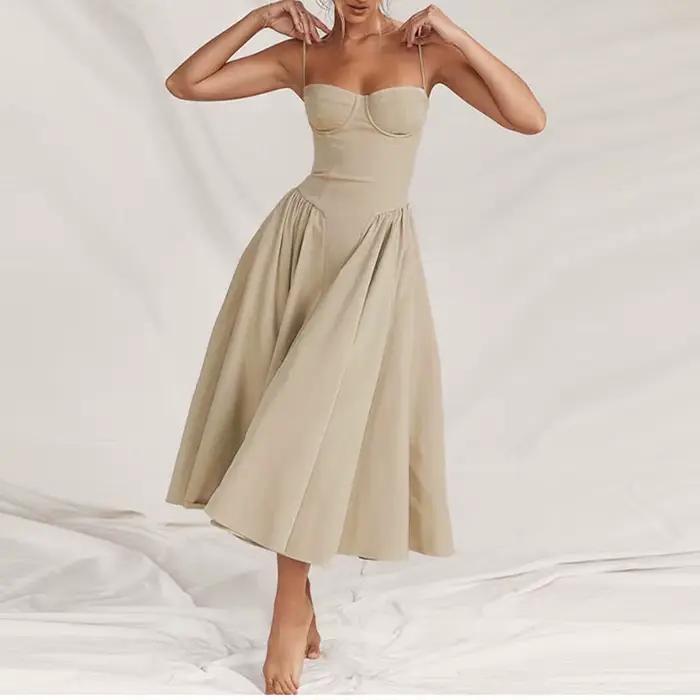 Robe mi-longue plissée dos nu pour femme, élégante, sexy, solide, fronde, soirée, robes trapèze, été