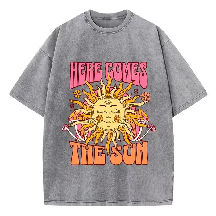 T-Shirt délavé surdimensionné pour femmes, en coton, imprimé ici arrive le soleil, décontracté, col