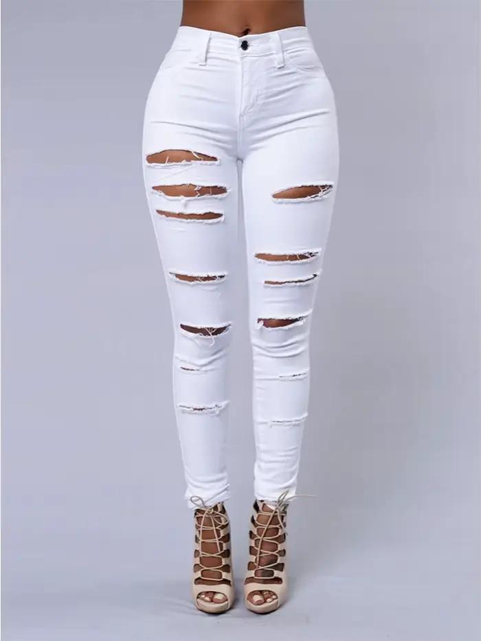 Jean polyvalent de couleur unie pour femmes, pantalon crayon ajouré européen et américain, coupe cin