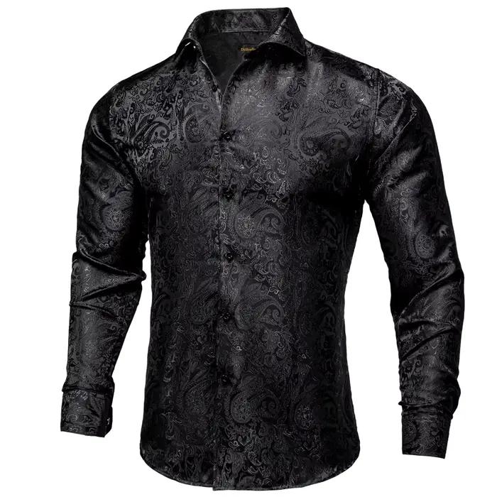 Chemises habillées en soie Paisley noire à manches longues pour hommes, chemise sociale de smoking d