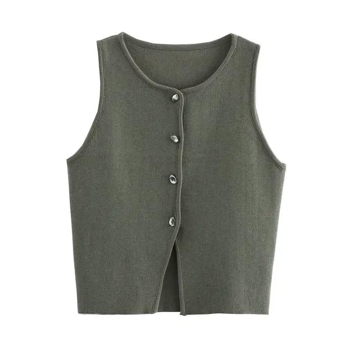 MUJER rose tricot sans manches gilet femmes recadrée pull gilet haut femmes jaune bouton gilets femm