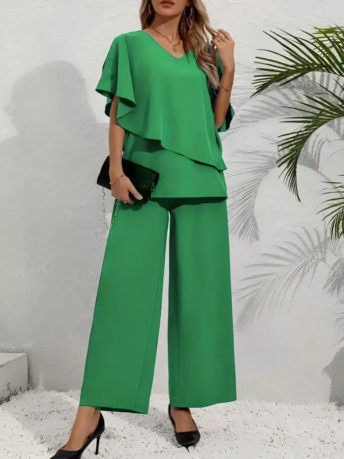 Ensemble 2 pièces pour femmes grandes tailles - Haut à manches bouffantes multicolores à col en V +