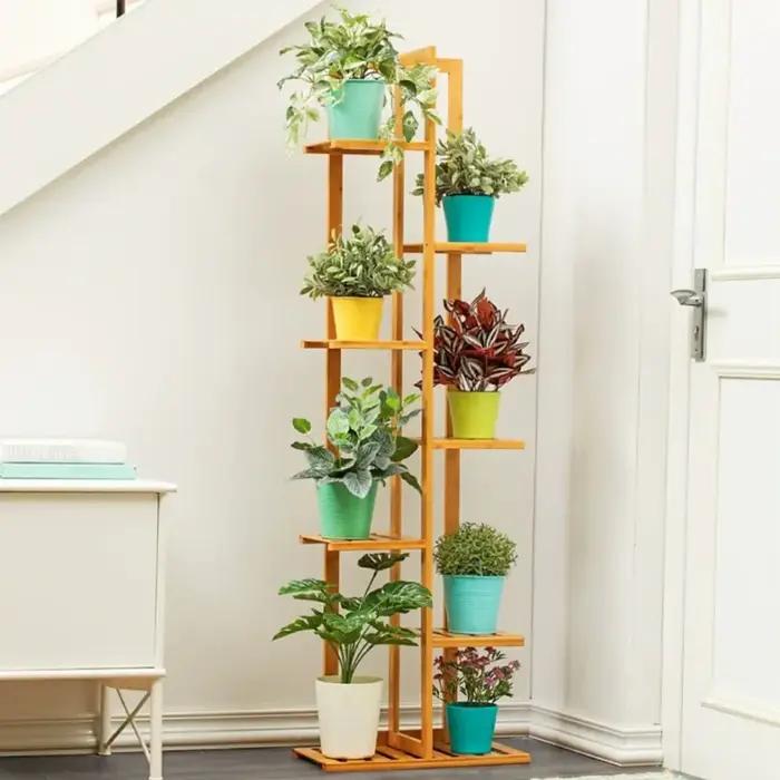 Grand Support d'Angle en Bambou T1 pour Plantes, Plusieurs Fleurs, Étagère d'Niket d'Extérieur