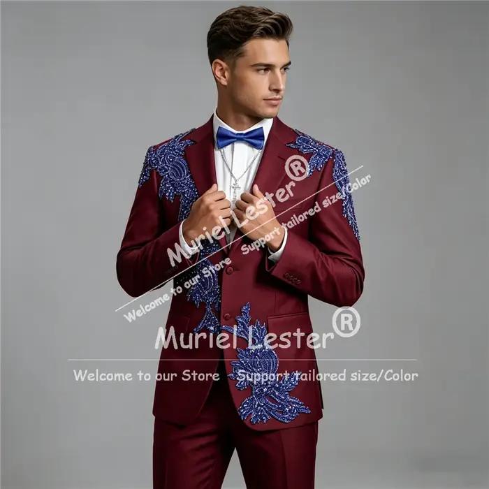 Costumes de mariage exclusifs pour le marié, blazer bleu avec appliques perlées, smoking personnalis