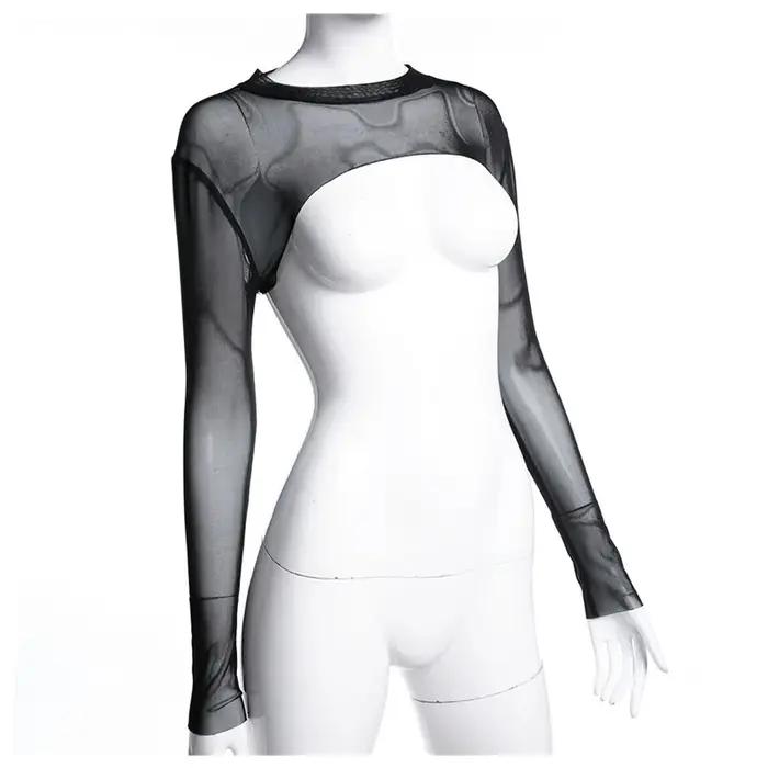 Sexy femmes haut court maille manches T-Shirt Sexy hauts évider Transparent hauts dames T-Shirt haut
