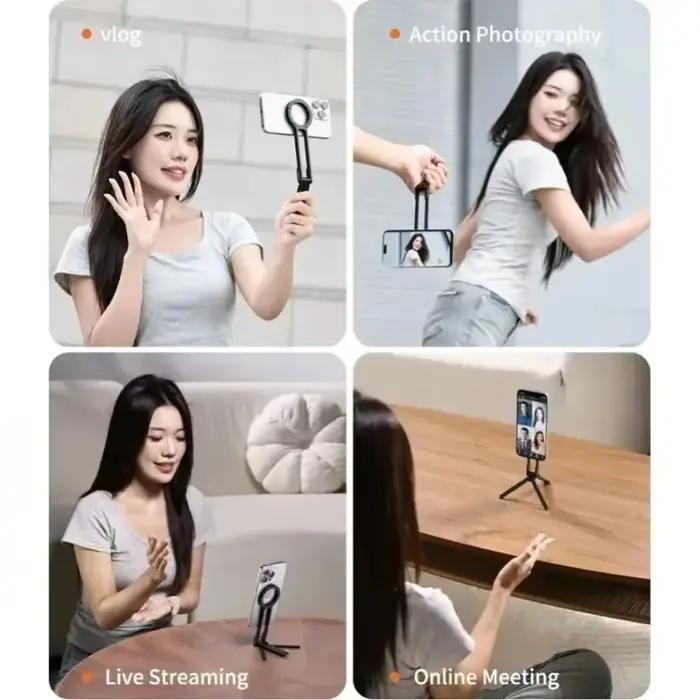Trépied de téléphone pliable pour iPhone 17 16 15 double face mousqueton support de poignée bureau portable