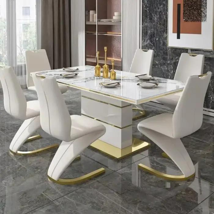 Ensemble de table à manger carrée en marbre, 4 chaises, 6 chaises, meubles de salle à manger dorés d