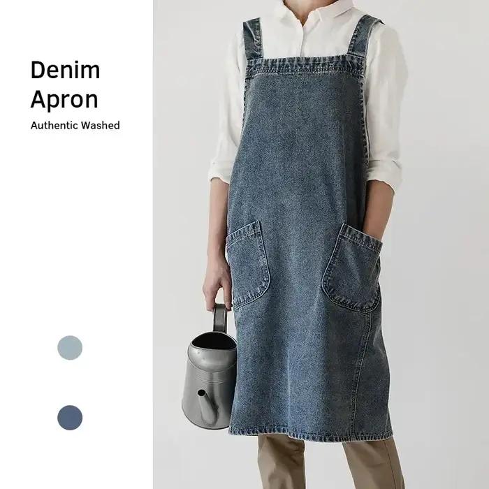 Robe coréenne en Denim pour femmes, tablier en tissu de coton, pour jardin, cuisine, cuisson, access