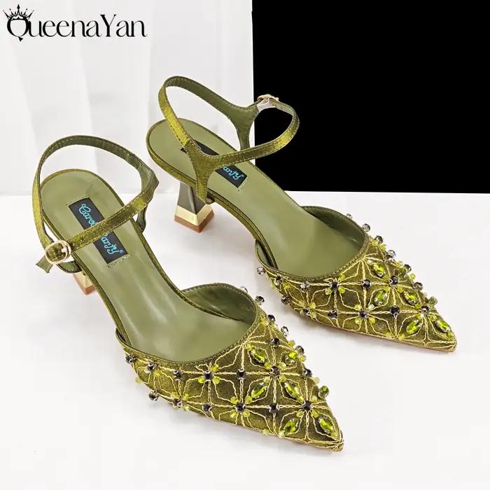 Ensemble de talons hauts et de sacs brodés pour femmes, Style Mature élégant, couleur Olive, bout po