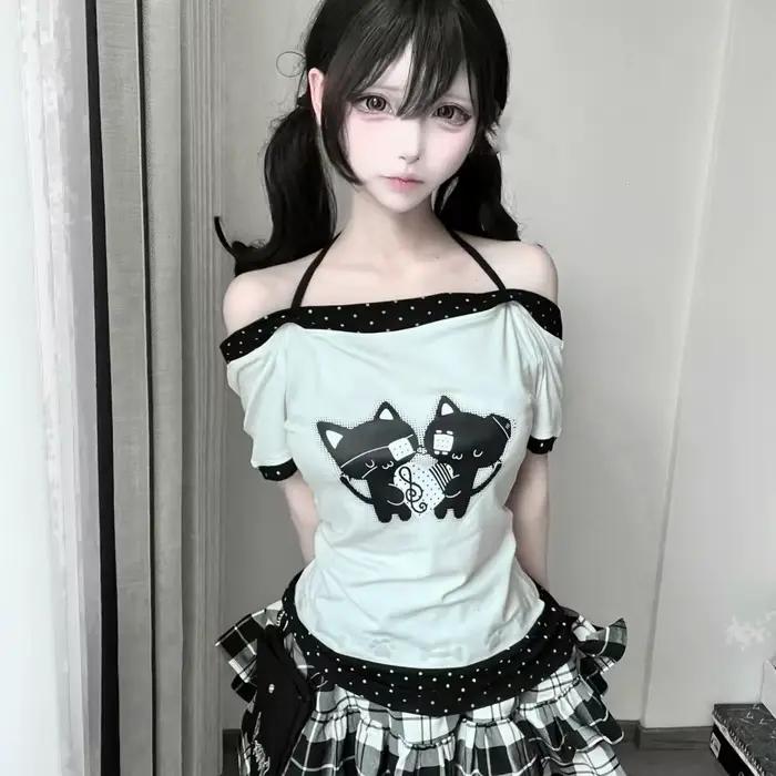 T-shirt pour femme, imprimé à pois, style japonais, kawaii, dessin animé, ample, décontracté, contra