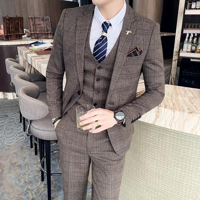 Ensemble de Banquet de Mariage à Carreaux pour Homme, Costume, Gilet, Pantalon, Grande Taille 5XL-M,