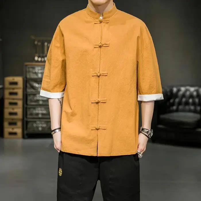 Chemise d'été de Style japonais pour hommes, col montant chinois, Yukata, Kimono samouraï, T-shirt b