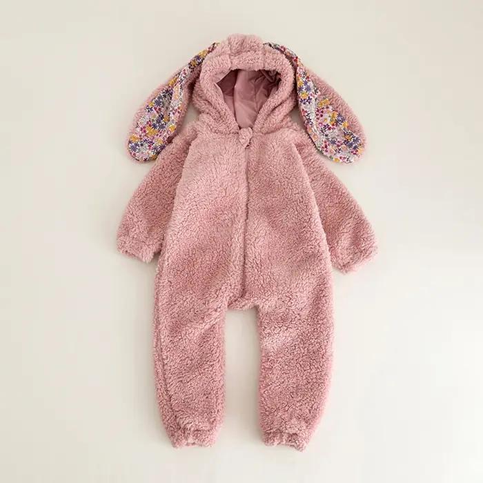 Barboteuse printemps bébé unisexe peluche - Combinaison pyjama capuche vêtement maison nouveau-né