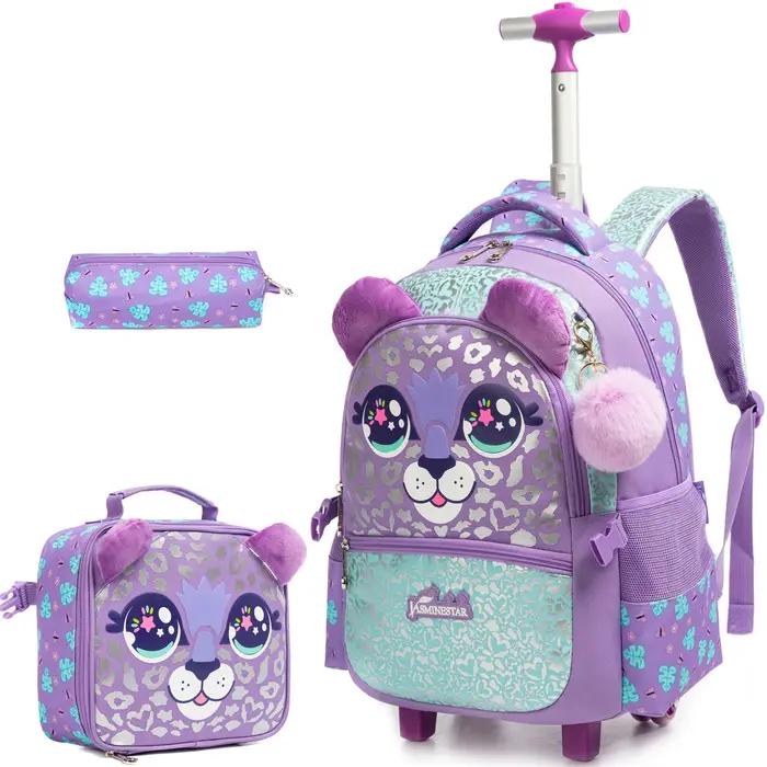 Sac à dos à roulettes pour filles avec boîte à lunch, sacs à dos scolaires à roulettes, sac à dos à