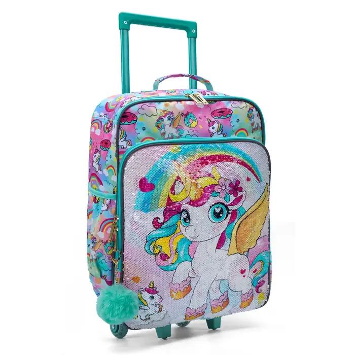 Valise de voyage à roulettes pour enfants, valise à main verte, design de dessin animé mignon et de