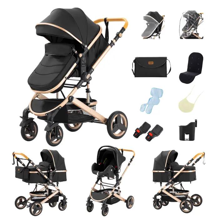 Poussette multifonction 3 en 1 avec siège auto et panier de couchage, poussette compacte pliable, po