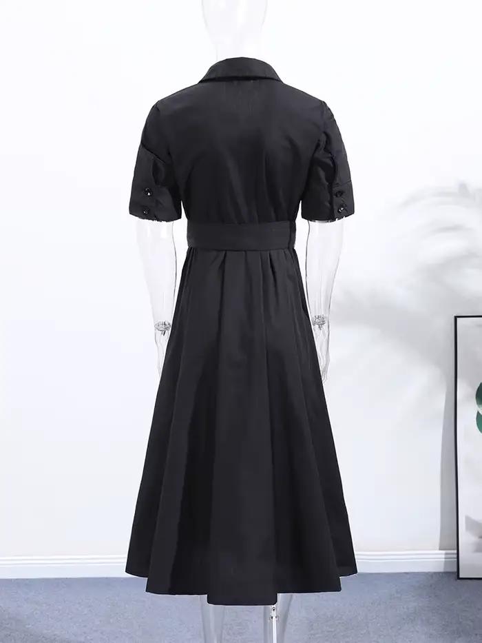 Nouvelle Robe Longue Plissée Noire Élégante pour Femme avec Ceinture, Manches Longues et Col Revers,