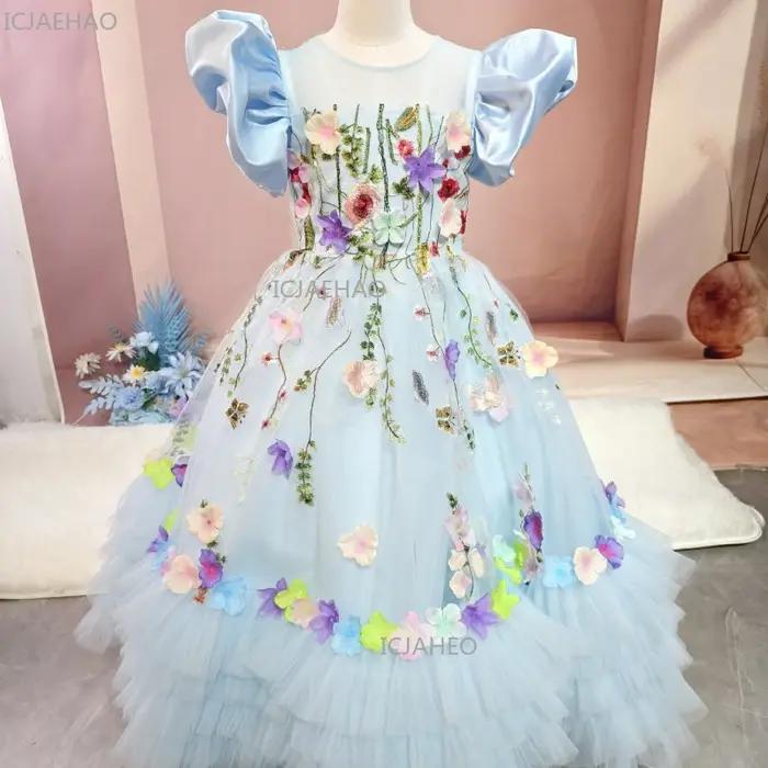 Robe de soirée bleue pour filles, robe de princesse en tulle longue pour l'Aïd, tenue de performance