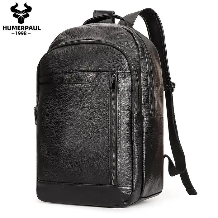 Sac à dos de voyage noir pour hommes, en cuir véritable, pour ordinateur portable, grande capacité,