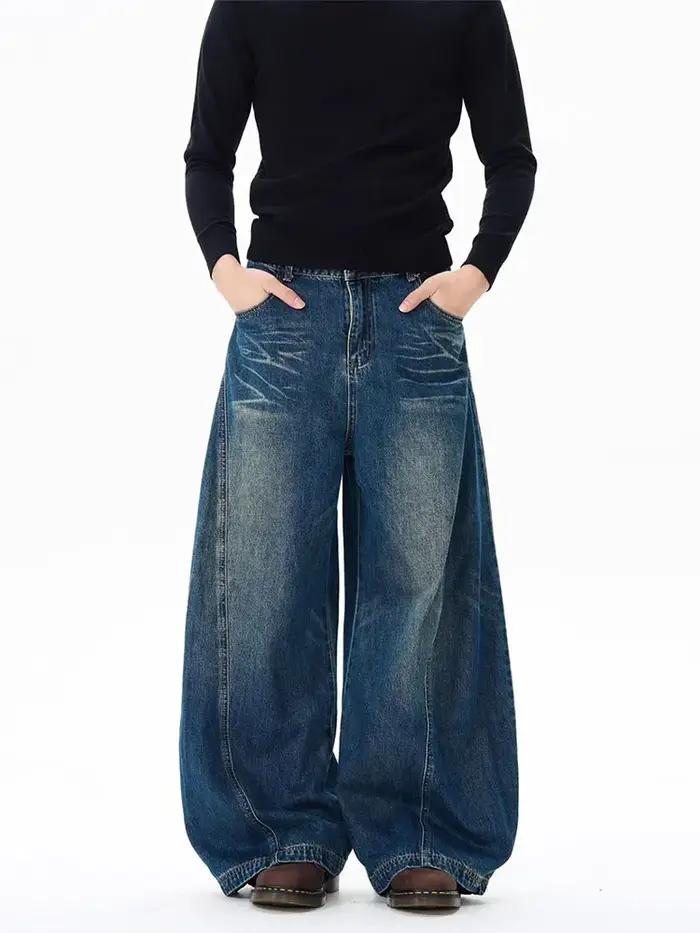 Vintage noir lavé Baggy jean pantalon hommes jambe large lame incurvée pantalon Streetwear Cowboy dé