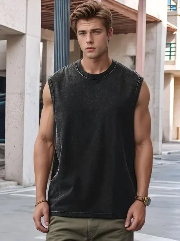 2025 été nouveau coton hommes lavé coton débardeurs Muscle Gym sans manches entraînement t-shirts co