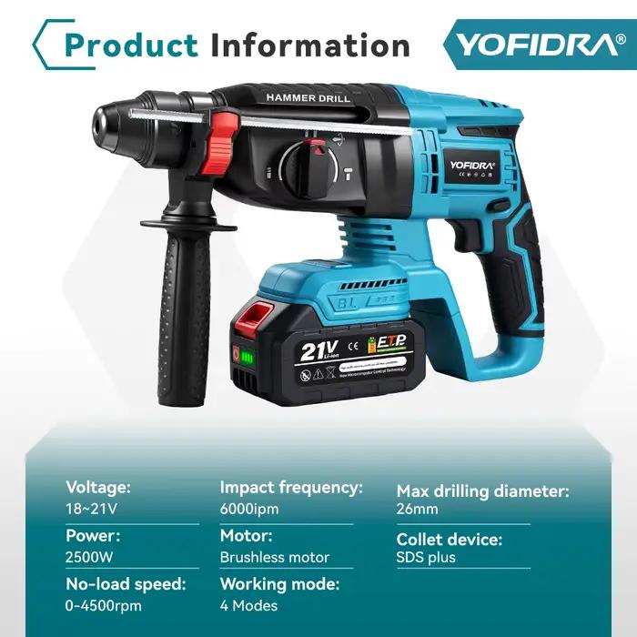 YOFIDRA 26MM perceuse à percussion électrique sans brosse multifonctionnelle rotative sans fil outils électriques rechar